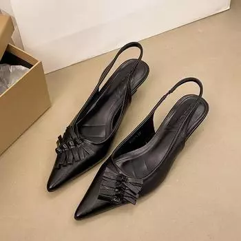 Black high heels bag head sandals fairy shoes new spring and summer temperament socialite pointed head single shoes 35