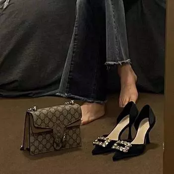 Black high heels women s 2024 new spring French temperament square buckle rhinestone thin heel single shoes not tired feet women s shoes 35 чёрный