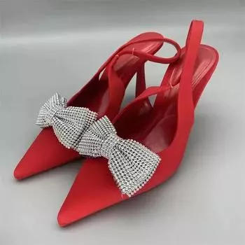 Черные туфли на высоком каблуке женские тонкие каблуки 2024 летние нишевые дизайн сексуальные босоножки со стразами и бантом туфли на каблуке 35 чёрный