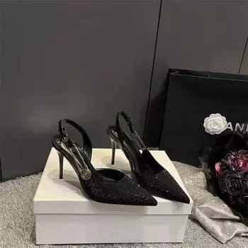 Black high heels women s summer 2025 new sexy rhinestone pointed one-word buckle bag head shallow mouth sandals women 34