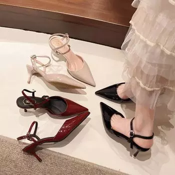 Black high heels women s thin heels 2025 new spring one-word buckle strap beautiful bag head sandals French light mouth single shoes 34 розовый