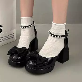 Black High Heels Women Summer Temperament Buckle Round Head Shallow Mouth Mary Jane Shoes Women sweet Bow Ankle Buckle Sandals 4.5