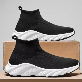 Black high-top socks shoes men s one-pedal fly-woven mesh casual shoes 2025 spring large-size sports trendy shoes 39