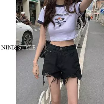 Black High Waist Sexy Raw Edge A- line Denim Shorts Black XS
