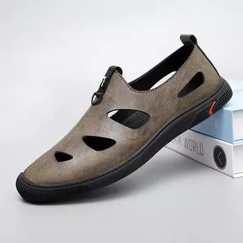 Black hollowed-out leather shoes for young men, breathable one-pedal soft-soled cool leather shoes, business British summer leisure Shoes 38 чёрный