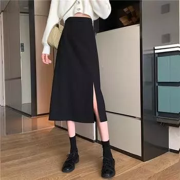 Black Irregular Slit High-Waist A-Line Skirt for Spring/Summer 5XL