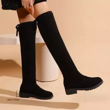 Black knee boots autumn new round head sleeve women s boots thick heel fashion thin boots 35