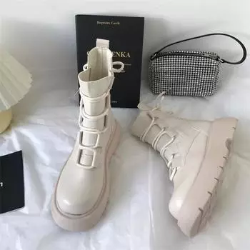 Black Knitted Lace-up Riding Boots Female 2025 Designer s New Spring and Autumn Boots Thick-soled British Wind Locomotive Boots 35