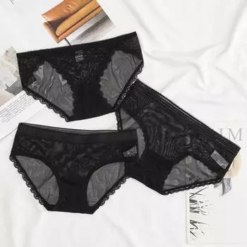 Черные кружевные полые сексуальные трусы с заниженной талией - дышащее женское нижнее белье XL: Extra Large Size