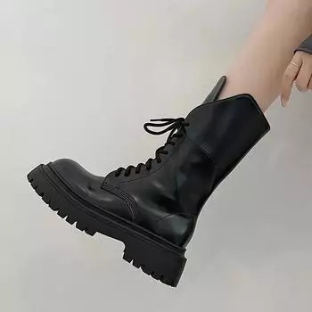 Black lace-up British style platform Martin boots women s summer 2025 new versatile retro thick heel locomotive short boots 35 чёрный