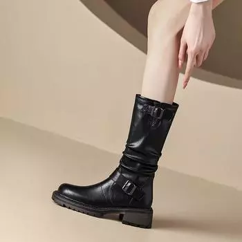 Black Ladies Mid Calf Shoes Middle Heel Leather Western Punk Women s Half High Boots New in Chic and Elegant Fashion 2024 Rock 35
