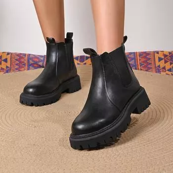 Black leather boots Children s Martin boots British style solid color heightened thick-soled short Martin boots 36 чёрный