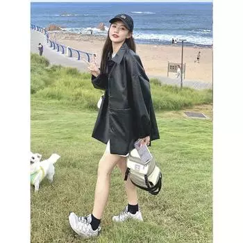 Black leather jacket women s spring and autumn 2024 new Hong Kong style retro bf fashionable lapel casual versatile pu leather jacket M чёрный