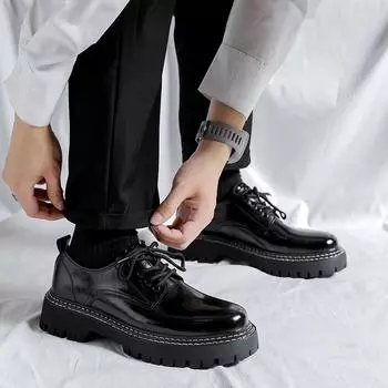 Черные кожаные туфли мужские подростковые британские туфли для костюма мужские студенческие трендовые универсальные с круглым носком маленькие кожаные туфли 2152-R 38 чёрный