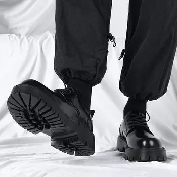 Black leather shoes men s platform heightening retro single shoes 45 men s large size business dress round head leather shoes 2135-R 38 чёрный