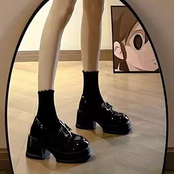 Black leather shoes women s versatile thick heel one pedal high heel. Cm Ma H buckle height-increasing single shoes 35