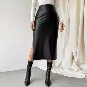 Черные кожаные юбки женские модные с высокой талией PU длинная юбка разрезы уличная осенняя женская элегантная однотонная офисная повседневная L чёрный