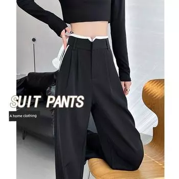 Black Loose Pants Female 2025 New Arrival Summer Thin High Waist Drape Patchwork Stylish Casual Straight Suit Pants Pants Black extension (recommended height 166-175cm) 2XL
