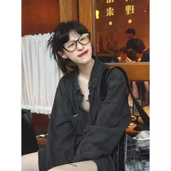 Black Loose Pure Desire Long Sleeves Niche Style Denim Shirt Black S