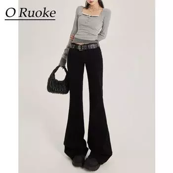 Black Low Waist Denim Women 2025 New Arrival American Retro No Leg Sticking Easiest for Match Slim Looking Stretch Mop Bell-Bottom Pants Black pants XL