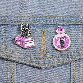 Black Magic Cat Brooch Purple Kitty Badge Jewelry Witch Cats Pin Unisex E