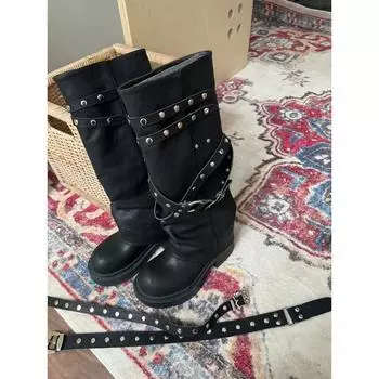 Black Maillard trouser boots new retro round head niche design long boots rivet knight boots 35