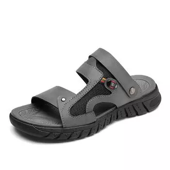 Черные мужские сандалии из натуральной кожи, летняя повседневная мужская обувь, пляжная обувь для отдыха, модные нескользящие кроссовки для отдыха на открытом воздухе 38 серый