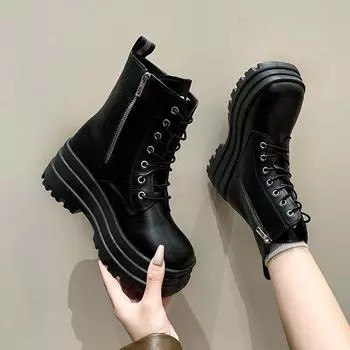 Black Martin boots autumn and winter new thick-soled heightening zipper boots muffin locomotive thin medium boots 35