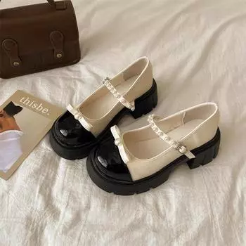 Black Mary Jane small leather shoes niche summer new platform bow single shoes Lo shoes 35