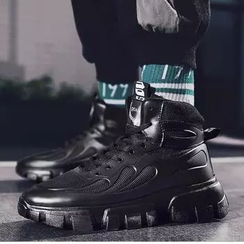 Black Men Boots Non Slip Winter Plus Velvet Outdoor Shoes for Men Round Shape Boots Leather Boots Black High Gang Platform Boots 39 чёрный