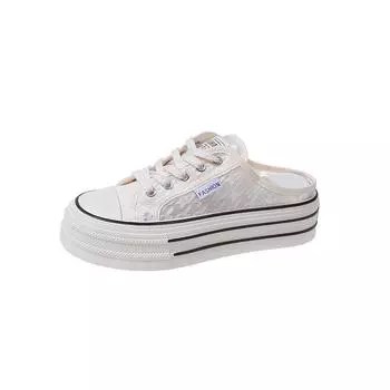 Black mesh breathable niche design half-drag canvas shoes women s 2025 new round head light lazy without heel 35