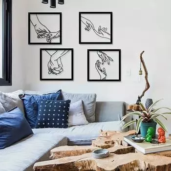 Черный металлический железный арт-объект - простые линии, держащиеся за руки, силуэт для домашнего декора стены, элегантное настенное художественное украшение светло-серый