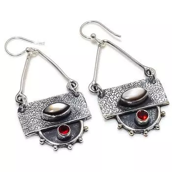 Серьги ручной работы из серебра 925 пробы с черным перламутром и гранатом 2,17 дюйма JCE481-53
