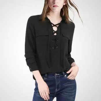 Black Niche Shoelace Loose Pullover Long Sleeve Shirt Black- S
