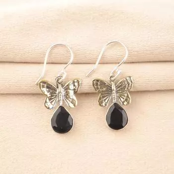 Black Onyx Gemstone 925 Sterling Silver Jewelry Handcrafted Girls Earrings 1.3 EE-155-15