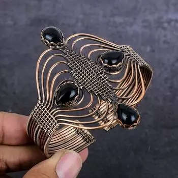 Black Onyx Gemstone Handmade Copper Wire Wrap Cuff Bangle Adjustable g7W21