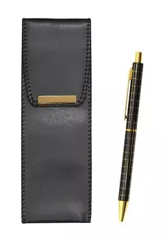 black pen case with a metal pen and a black grid ballpoint pen set Eco-leather standard-size straight-knock double-anodized (3-pack, black, чёрный