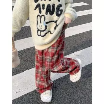 Black plaid pants women s spring and autumn 2024 new high-waisted retro casual straight-leg pants autumn and winter woolen plush wide-leg pants S
