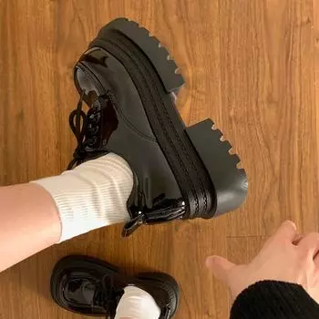 Black platform small leather shoes women s new autumn and winter heightening retro deep mouth lace-up single shoes 35