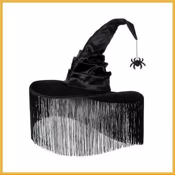 Black Pleated Halloween Fringe Hat Party Witch Face Cover Headdress Decorative Spider