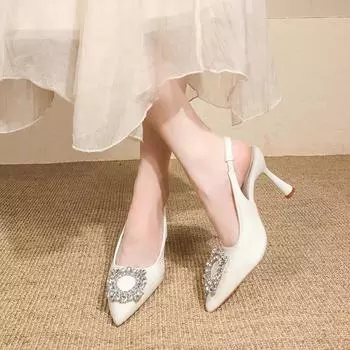 Black Pointed 18-year Adult Gift High-heeled Single Shoe Women s Flat Buckle Rhinestone 2024 New Side Open Fine Heel Summer 34 чёрный