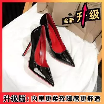 Black pointed high heels, new simple, sexy and fashionable patent leather single shoes, one pedal, thin heel single shoes 34