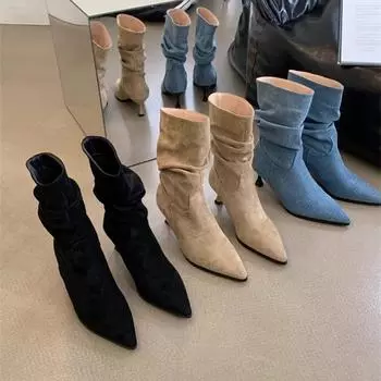 Black pointed short boots women s thin heel 2024 feeling new autumn and winter velvet high heel warm medium tube thin boots women 35