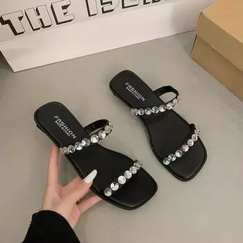 Black premium one-word strap flat-bottomed slippers for women s new summer sandals for women to wear thick-heeled rhinestone slippers 35