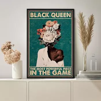 Black Queen The Most Powerful In The Game Canvas Paintings Wall Art Posters Prints African American Girl Flower Picture Decor 21x30cm No Framed