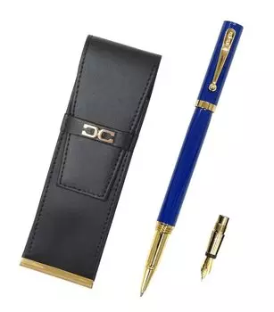 Black recycled cowhide pen case with Exchange BP ZX fountain pen ink with blue ink set eco-metal insert, (individual cartridge) (T23-AU023-ZX-L) синий