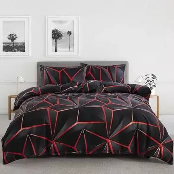 Black Red Geometric Duvet Cover Queen 3D Three Dimensional Geometrical Bedding Set Modern Abstract Neon Line Comforter Cover US Twin(172x218cm)