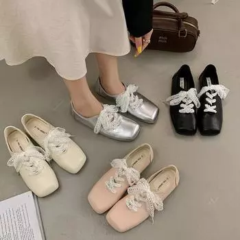 Black retro ballet French square head flat sole shoes women s 2025 new spring casual skirt Mary Jane shoes 35 чёрный