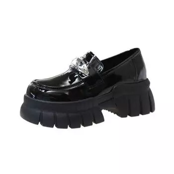 Black retro British style loafer single shoes women s 2025 spring new thick heel thick sole height increase with skirt small leather shoes 35