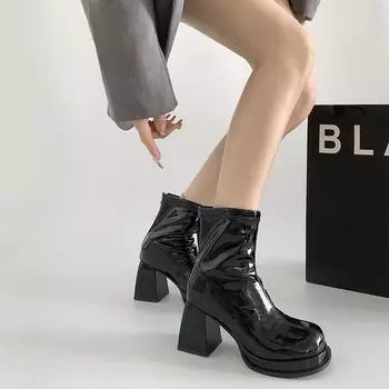 Black retro British style thick heel thick-soled Martin boots women s 2025 new summer height-increasing and thin short boots 35 бежевый